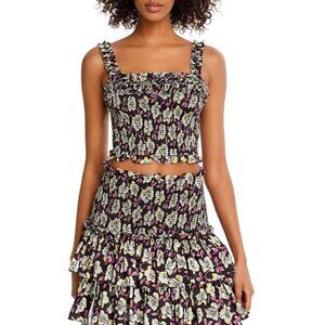 Cinq A Sept Mira Smocked Crop Top In Black Multi